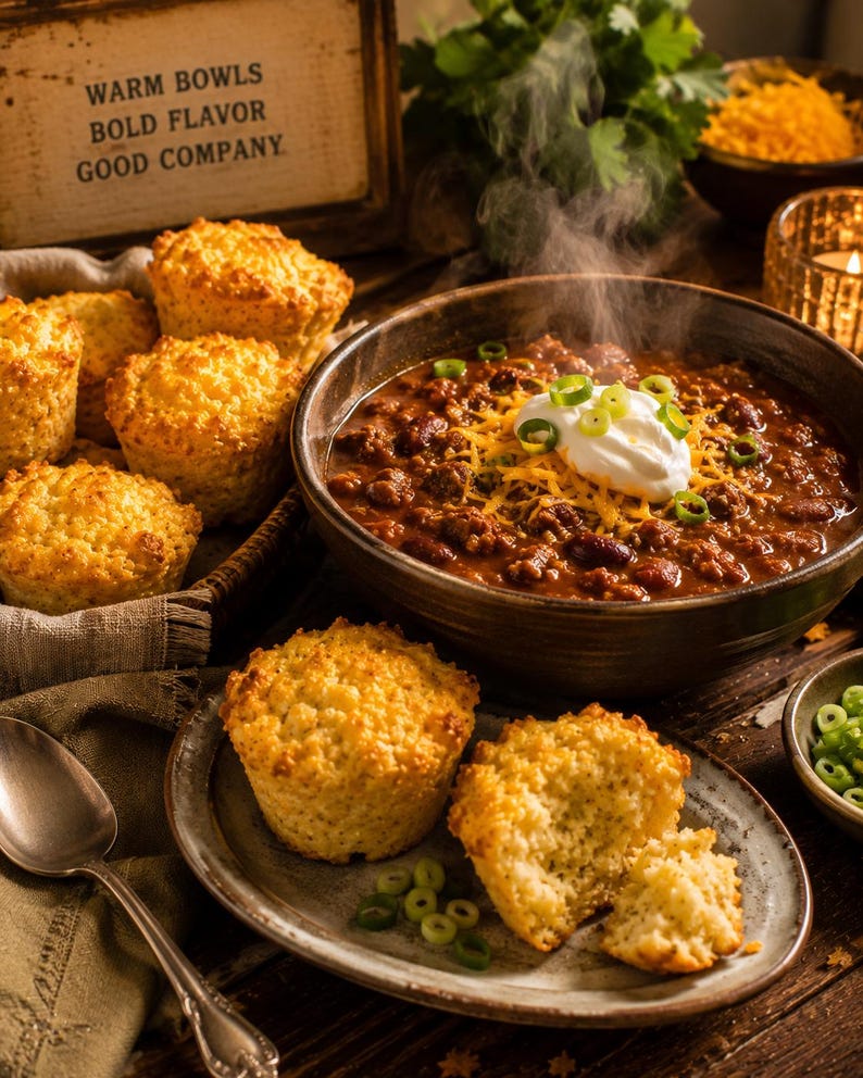 May include: A dark ceramic bowl filled with steaming chili topped with shredded cheddar cheese, a dollop of sour cream, and sliced green onions. Beside it sits a basket and a small plate containing golden-brown corn muffins and a silver spoon.