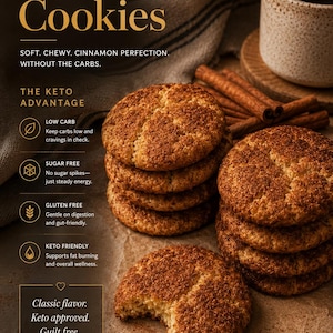 May include: Image of Keto Snickerdoodle Cookies. The image shows stacks of cinnamon-covered cookies, with one cookie partially eaten. Text on the image highlights the cookies as low carb, sugar-free, gluten-free, and keto-friendly.