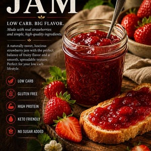 May include: A glass jar filled with red strawberry jam, a silver spoon, and a slice of toasted bread topped with jam. Text reads KETO STRAWBERRY JAM, LOW CARB. BIG FLAVOR, and lists features including low carb, gluten free, high protein, and no sugar added.