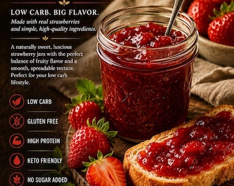 Keto Strawberry Jam – Sugar-Free, 1.6g Net Carbs | Low Carb, Diabetic Friendly – No Added Sugar – 8oz Small Batch Homemade