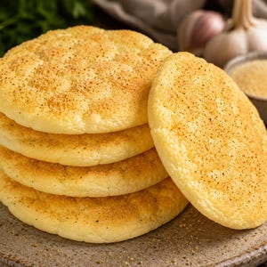 May include: A stack of golden-brown, round flatbreads, lightly seasoned with spices, on a rustic plate. The image also shows a bowl of yellow powder, garlic, and green herbs, suggesting a culinary theme.