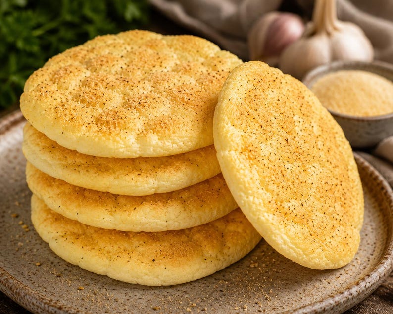 May include: A stack of golden-brown, round flatbreads, lightly seasoned with spices, on a rustic plate. The image also shows a bowl of yellow powder, garlic, and green herbs, suggesting a culinary theme.