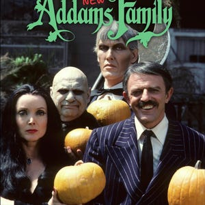 May include: DVD cover for "The New Addams Family" with the title in green and orange. The cast is holding pumpkins. The DVD logo is in the bottom left corner. The theme is Halloween.