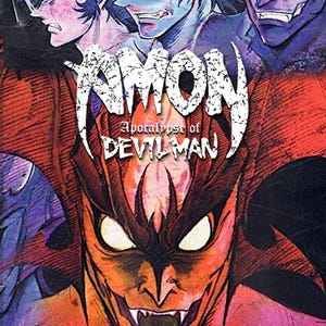 May include: A DVD cover featuring the title Amon Apocalypse of Devilman in white distressed lettering. The artwork displays a central orange and red demonic figure with sharp teeth and glowing eyes, surrounded by blue and purple character portraits.