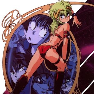 May include: Anime illustration of a woman with green hair and horns, wearing red and black attire. The image is framed by a gold-colored border, with other anime characters in the background. The text "OUTLANDERS" and "ORIGINAL ANIMATION VIDEO" are at the top.