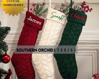 Embroidered Cable Knit Christmas Stockings