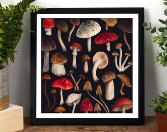 Wild Mushroom Art Print, Cottagecore Mushroom Illustration, Mushroom Wall Decor, Illustrated Art Print, Mushroom Painting, Dark Academia Art