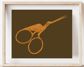 Crane Scissors Wall Art, Adelaide of the Pasture Scissors, Over the Garden Wall, Inspired Art Print, Sewing Decor, Wood Witch Home Decor