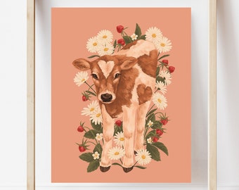 Strawberry Cow Wall Art, Lovecore Art, Strawberry Daisy Decor, Pink Cow Painting, Jersey Cow illustration, Strawberry Milk, Animal Wall Art