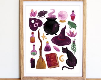 Magical Witch Icons Art Print, Halloween Wall Art, Witchy Elements, Black Cat Art, Halloween Witch Illustration, Halloween Wall Decor, Home