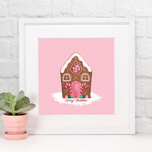 Gingerbread House Art Print, Cute Ginger Bread House, Christmas Art, Christmas Decor, Pink Christmas Decor, Girly Christmas, Christmas Home