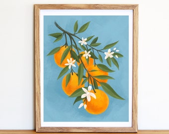 Orange Branch Wall Art, Orange Blossom Wall Decor, Cute Kitchen Art, Pretty Bathroom Art, Orange Painting, Orange Illustration, Home Decor