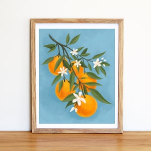 Orange Branch Wall Art, Orange Blossom Wall Decor, Cute Kitchen Art, Pretty Bathroom Art, Orange Painting, Orange Illustration, Home Decor