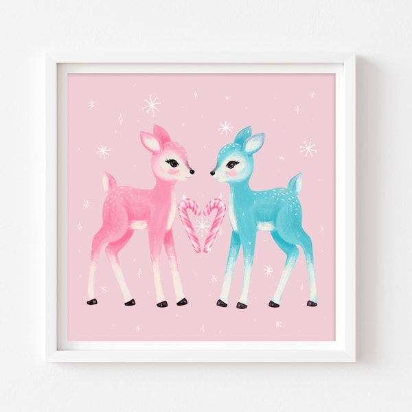 Kitsch Christmas Deer Art Print. Kitchmas Art, Kitschy Cute Art, Christmas Decor, Pink Christmas Wall Art, Vintage Christmas Art, Wall Art