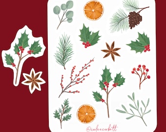 Utskrivbara klistermärken med julblad, vinterklistermärkesark, klistermärken att skriva ut hemma, järneksklistermärken, mistel, torkade apelsiner, klistermärkespyssel