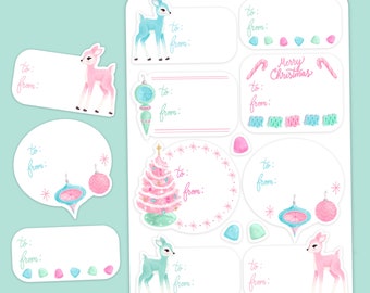 Kitsch Christmas Printable Gift Tags, Pink Christmas Stickers, Cute Christmas Gift, vintage Christmas, Print at home Gift Tags, Kitsch Art