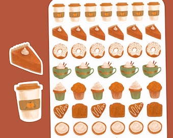 May include: A sheet of stickers featuring various fall-themed designs, including pumpkin spice lattes, donuts, pies, and muffins. The stickers are white with a light brown outline and are arranged in a grid pattern. The text "@cailee.corbett" is at the bottom of the sheet.