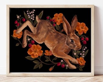 Rabbit Forest Art Print, Cottagecore Wall Art, Woodland Animal Art, Strawberry Floral Art Print, Rabbit Ilustration, Beautiful Wall Decor
