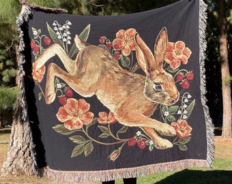Rabbit Strawberry Blanket, Rabbit Tapestry, Woven Throw, Strawberry Decor, Strawberry Tapestry, Woodland Nursery Decor, Cottage Art, Picnic