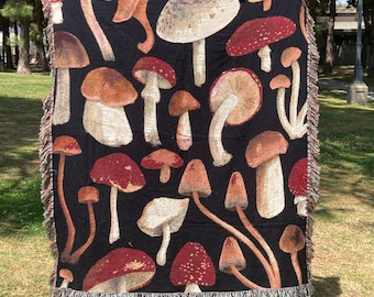 Mushroom Blanket, Mushroom Tapestry, Woven Throw Blanket, Botanical Poster, Mushroom Decor, Picnic Blanket, Retro Decor, Mushroom Home Art