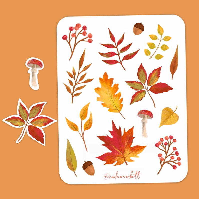 May include: A sheet of stickers featuring autumn-themed illustrations. The stickers include leaves in shades of red, orange, and yellow, mushrooms, acorns, and berries. The text "@cailee.corbett" is printed in the bottom right corner.