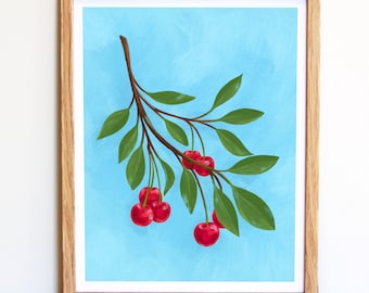 Cherry branch art print, Cherry Home Decor, Vintage floral botanical art, cherry painting, Fruit Tree Art, Cute kitchen art, Cherry Tree Art