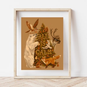Silent Night, Arctic Animal Christmas Art Print, Natural Christmas Tree Art Print, All Is Calm Art, Woodland Animal Christmas Art, Peace Art