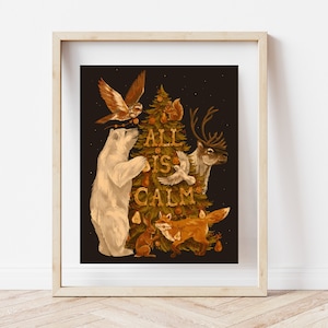 All Is Calm, Arctic Animal Christmas Art Print, Natural Christmas Tree Art Print, Silent Night Art, Woodland Animal Christmas Art, Peace Art