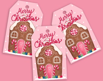 Printable Gingerbread House Tags, Pink gingerbread House Christmas Tags, Christmas Gift Tags, Digital Download Printable Tags, Christmas Art