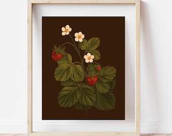 May include: A framed botanical print featuring a detailed illustration of a strawberry plant. The artwork showcases ripe red strawberries, green leaves, and delicate white flowers against a dark brown background. The frame is a light wood color.