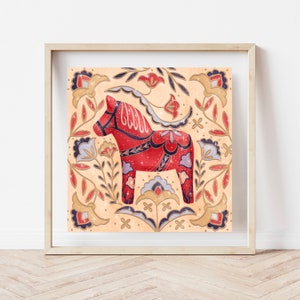 Dala Horse Art Print, Scandinavian Christmas Decor, Dalecarlian Horse Art, Nordic Christmas Art, Swedish Christmas Horse, Dala Painting Art