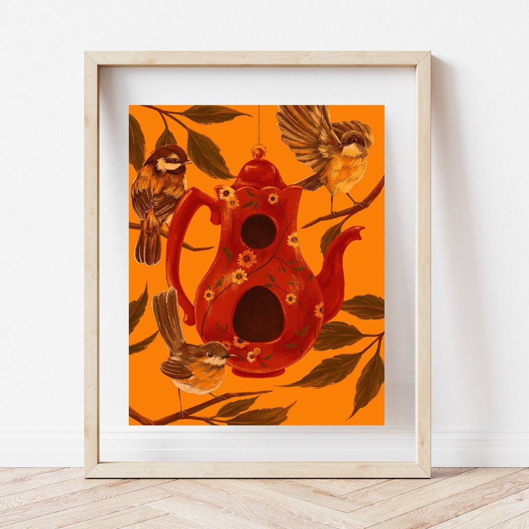 Teapot Birdhouse Art Print, Bird Art, Bird House Home Decor, Red