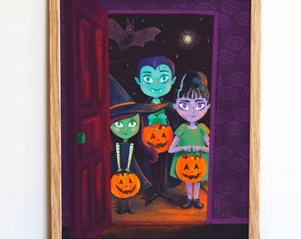 Halloween Art Print, Trick or Treat Art, Cute Halloween Decor, Halloween Illustration, Trick or Treat Painting, Halloween Wall Art, Painted