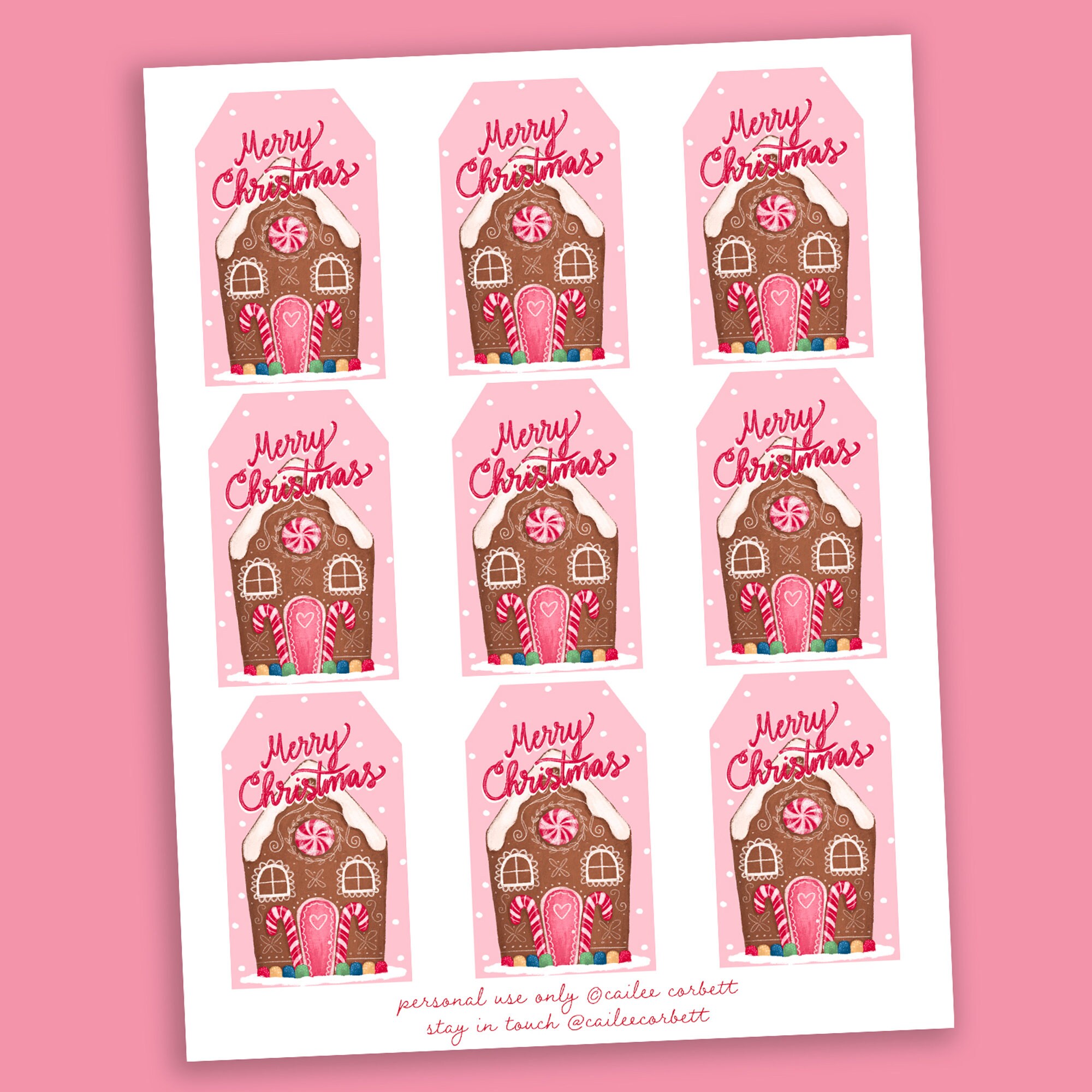 Printable Gingerbread House Tags, Pink Gingerbread House Christmas Tags ...