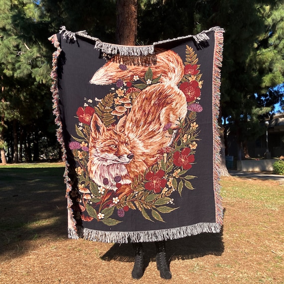 Fox Woven Blanket, Fox Forest Throw Blanket, Mushroom Decor, Fox Animal Blanket, Woodland Nursery Decor, Cottagecore Art, Fox Wall Tapestry