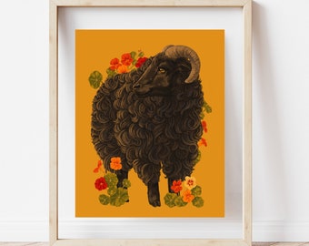 Black Sheep Art Print, Painted Sheep and Nasturtium, Nasturtium Flower Painting, Nasturtium Decor, Floral Sheep Art, Yellow Botanical Home
