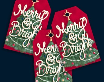 Printable Christmas Tree Gift Tags, Christmas Tree Tags, Merry & Bright Christmas, Digital Download Christmas Tags, Christmas Tags at home