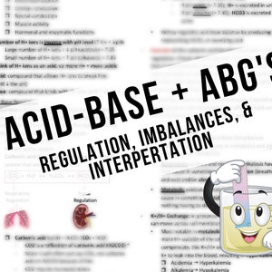 May include: A diagram explaining acid-base balance and ABG's (arterial blood gas) with illustrations of the respiratory and renal systems. The text includes the terms "Regulation, Imbalances, & Interpretation".