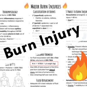 Op de afbeelding: Een close-up van een medisch document met de woorden "Burn Injury" in vetgedrukte, rode letters. Het document beschrijft de pathofysiologie, classificatie en fasen van brandwonden. Het bevat informatie over de negenregel, vloeistofresuscitatie en vloeistofvervanging.