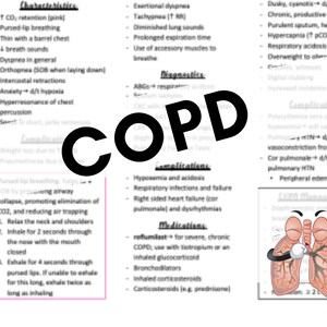 May include: Medical chart explaining COPD, with sections on characteristics, diagnostics, complications, and management. Includes a cartoon lung illustration and instructions on pursed-lip breathing. The word "COPD" is clearly visible.