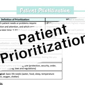 May include: A chart titled "Patient Prioritization" with a definition of prioritization and what it involves. The chart lists Maslow's Hierarchy of Needs, starting with physiological needs at the bottom and self-actualization at the top.