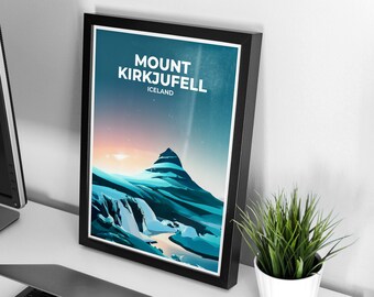 Poster di viaggio del Monte Kirkjufell / Islanda / Stampa artistica da parete per l'arredamento di casa e ufficio / Scandinavia