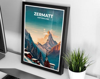 Poster di viaggio Zermatt / Zermatt / Stampa artistica da parete per l'arredamento di casa e ufficio / Poster di viaggio / Svizzera / Stampa di illustrazioni
