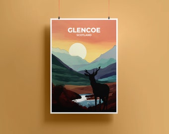 Poster di viaggio Glencoe / Scozia / Stampa artistica da parete per l'arredamento di casa e ufficio / Regno Unito