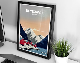 Poster di viaggio Reykjavik / Islanda / Stampa artistica da parete per l'arredamento di casa e ufficio / Scandinavia