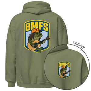 May include: Olive green hoodie featuring a graphic of a fish playing a guitar, wearing a hat, and the letters "BMFS" in a blue and yellow shield. A smaller version of the graphic is on the front. The hoodie has a hood and long sleeves.
