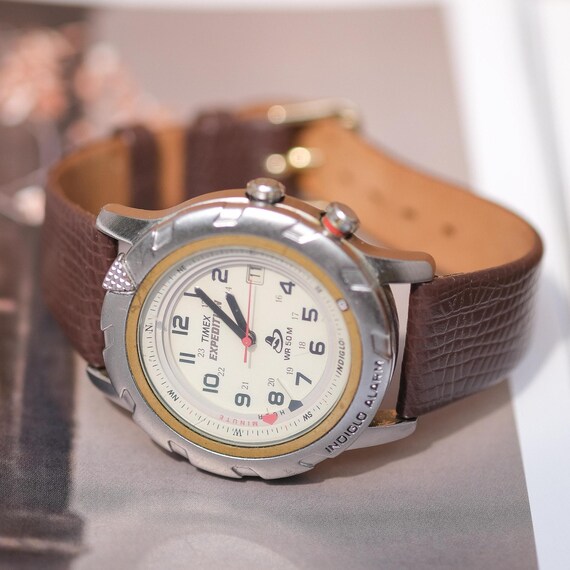 Timex Vintage 1980’s Timex Expedition Indiglo Brown Case Men’s Field Watch Vintage Timex Expedition Indiglo Watch with Brown Leather  main image 2