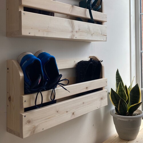 New Wood Wall Mounted Shoe Rack Storage Etsy UK