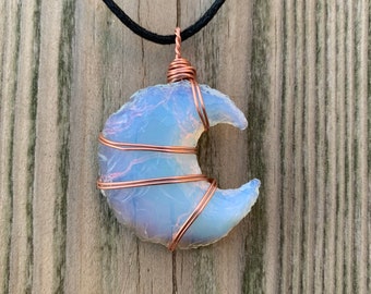 Wire Wrapped Opalite Crescent Moon Necklace Pendant - Made to Order - Every Piece Varies Slightly - Handmade, One of A Kind