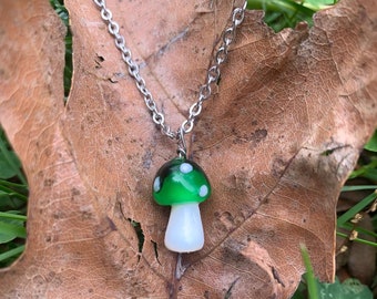 Green Glass Mushroom Necklace, Stainless Steel Chain, 18 inch Necklace